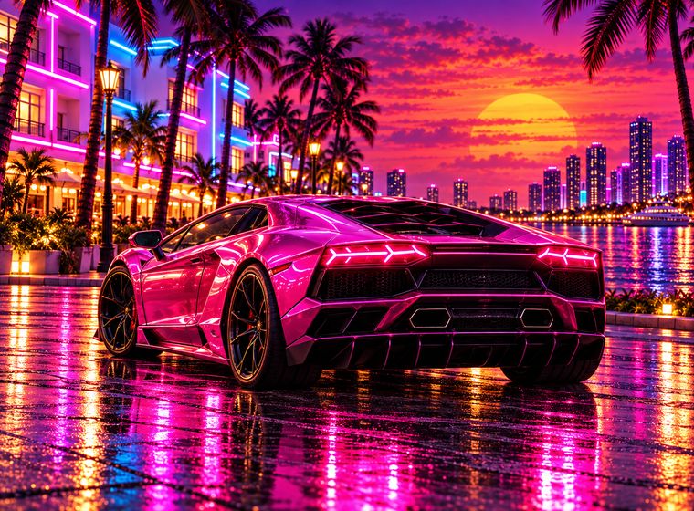 The pink supercar parked on wet pavement in Kimchi City