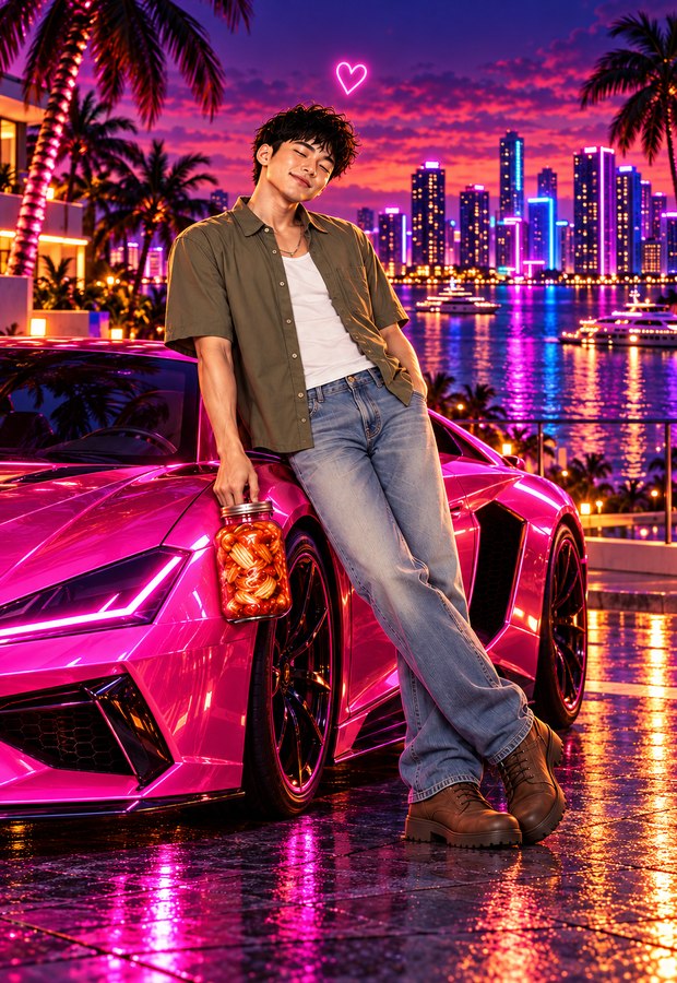 The man of Kimchi City, in an olive overshirt and loose jeans, holding his jar of kimchi
